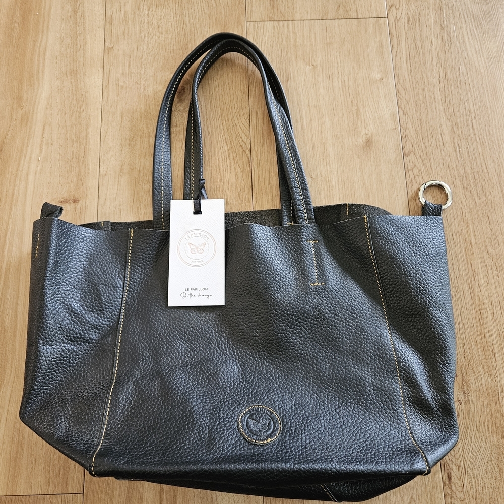 Le Papillon Black Leather Double Handle Shoulder Strap Tote Bag